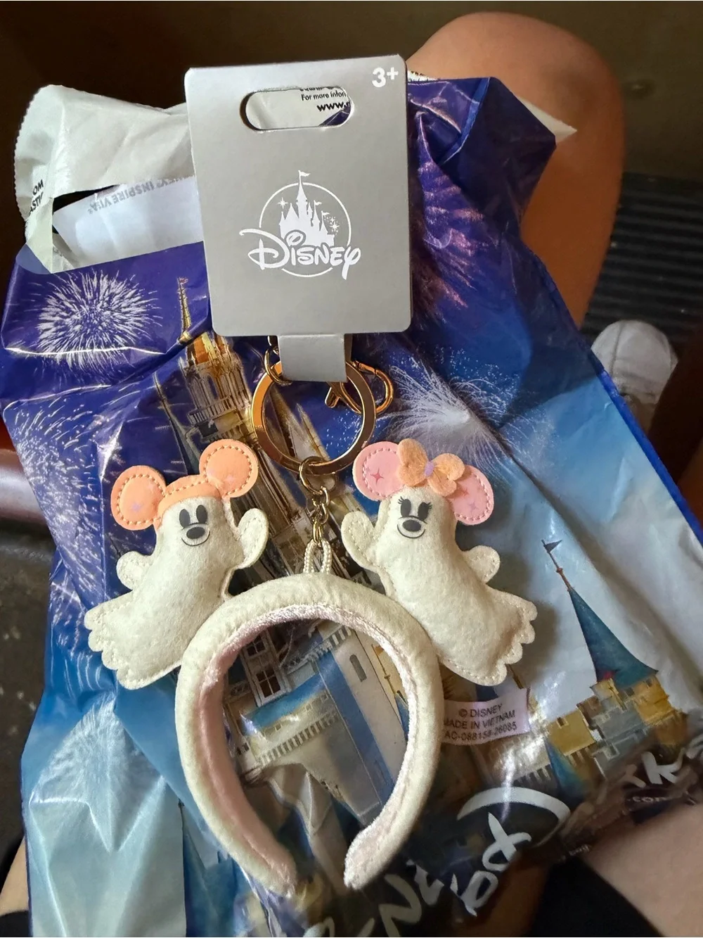 Disney Ghost Minnie & Mickey Felt Keychain with Tiny Headband - White & Pink